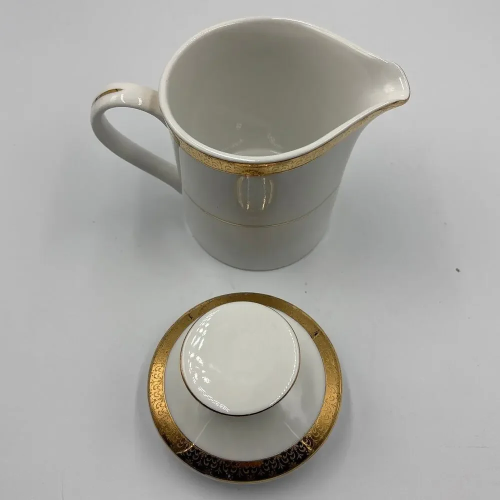 Vintage Sango Porcelain Creamer w/ Lid Georgetown 8455 Gold & White